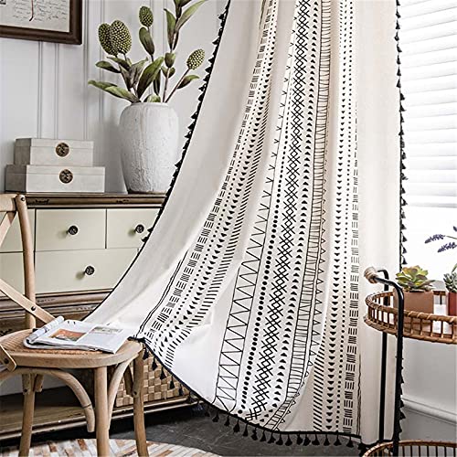 Deeprove Cortinas Boho 84 Pulgadas de Largo, Blanco Crema Algodón y Lino Estampado Bohemio Borla Negra, Panel de Ventana Geométrico Semioculto con Flecos para Salón, Bolsillo para Varilla, 1 Panel, 59