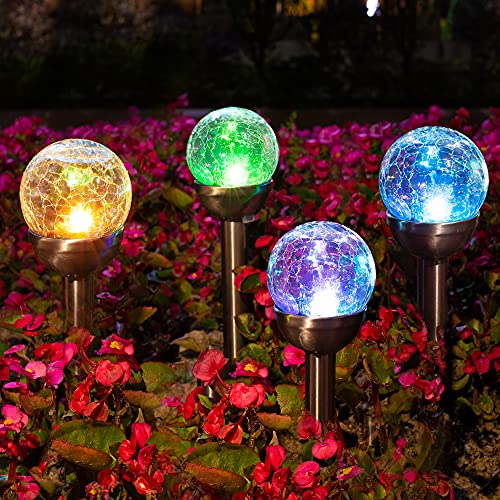 Solpex 3 Luces Solares de Jardín para Exterior, Color Cambiante y Dos LEDs Blancos, Luces Solares de Bola Decorativas para Patio/Césped/Jardín/Camino/Navidad (Cristal Crackleado).