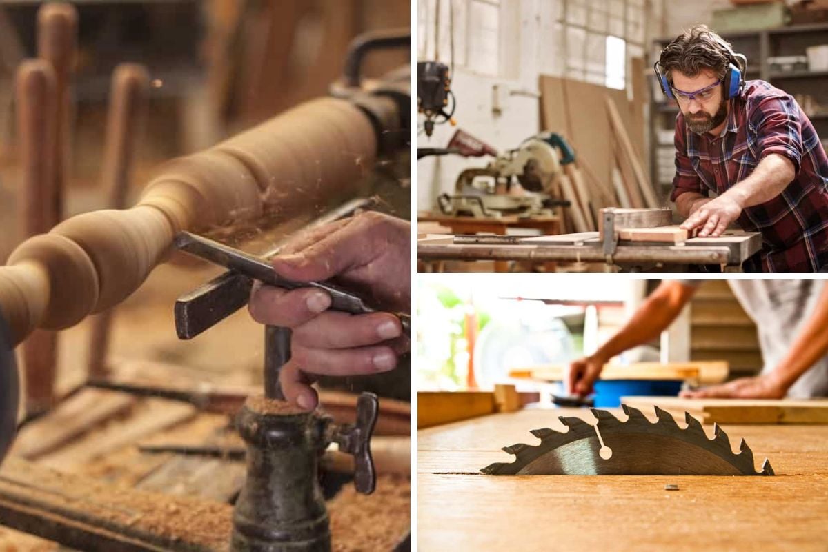Un collage de fotos de diferentes tipos de herramientas para cortar madera.