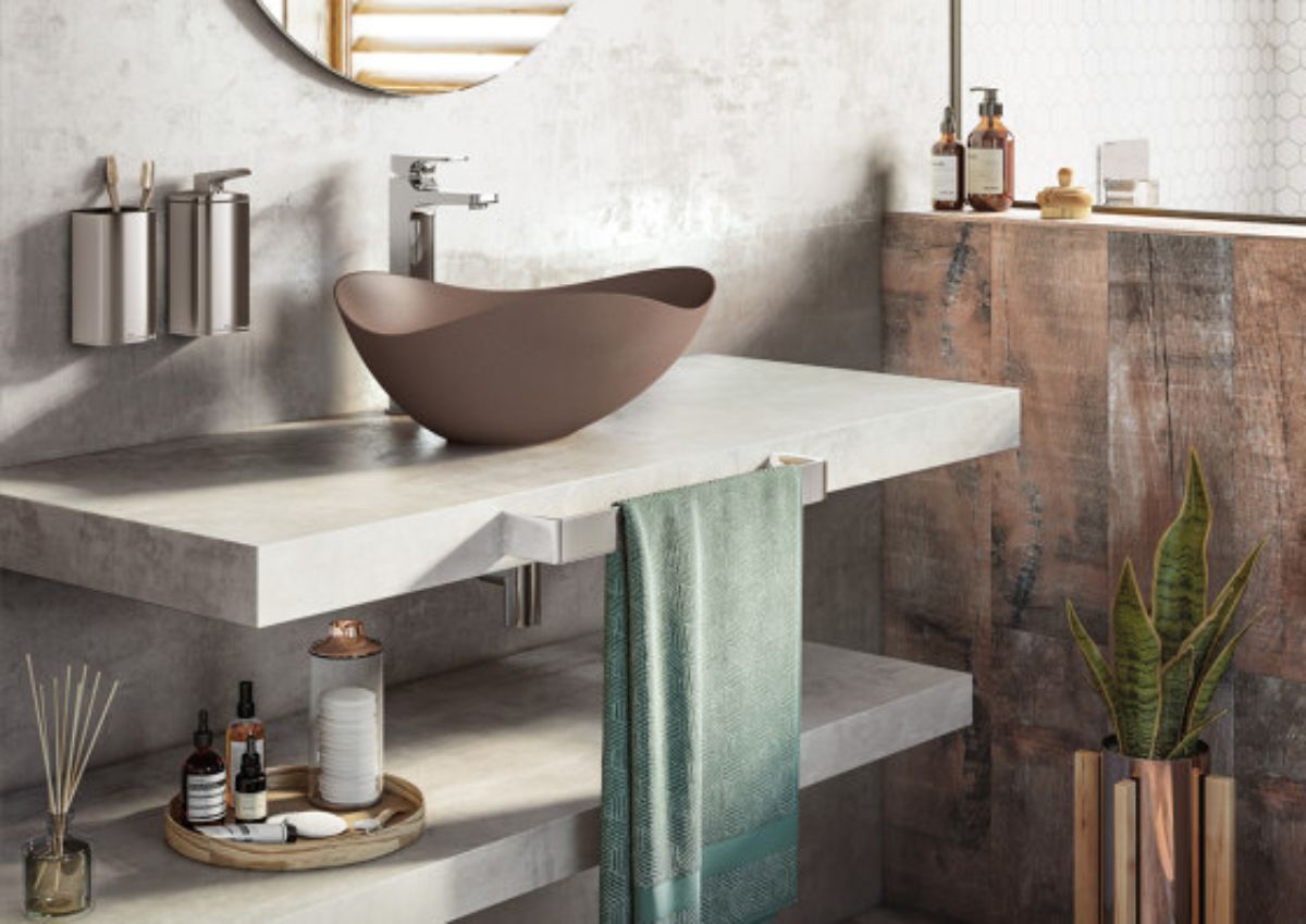 Preciosa escena de baño con un singular lavabo en forma de huevo de Roca Designs