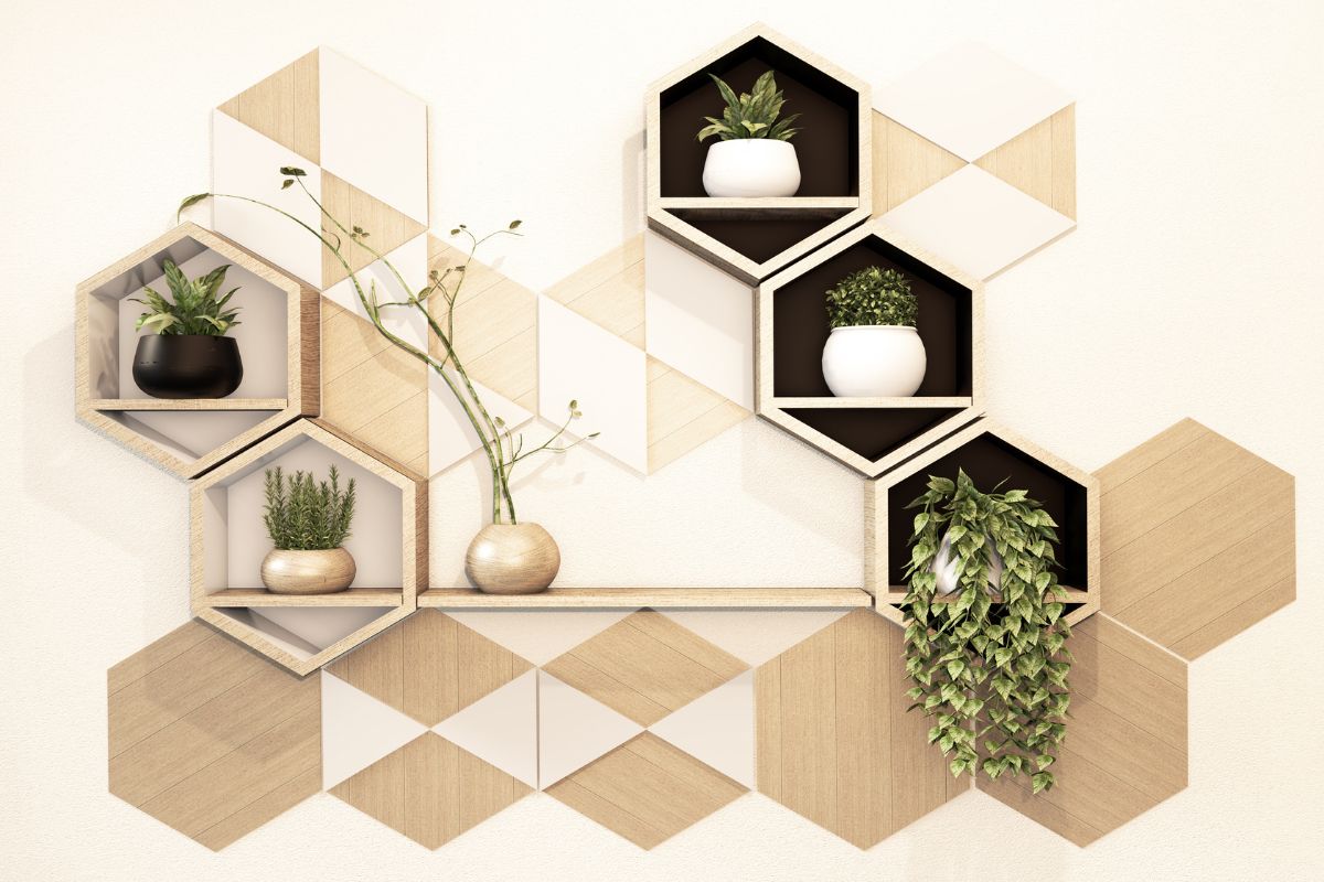 Estantería hexagonal japonesa de madera dura, representada en tres dimensiones.