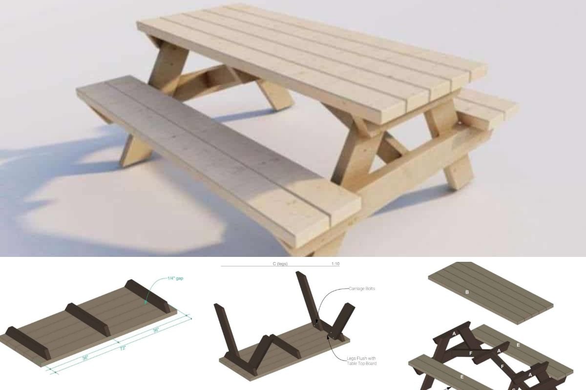 Collage sobre Cómo construir una mesa de picnic DIY.