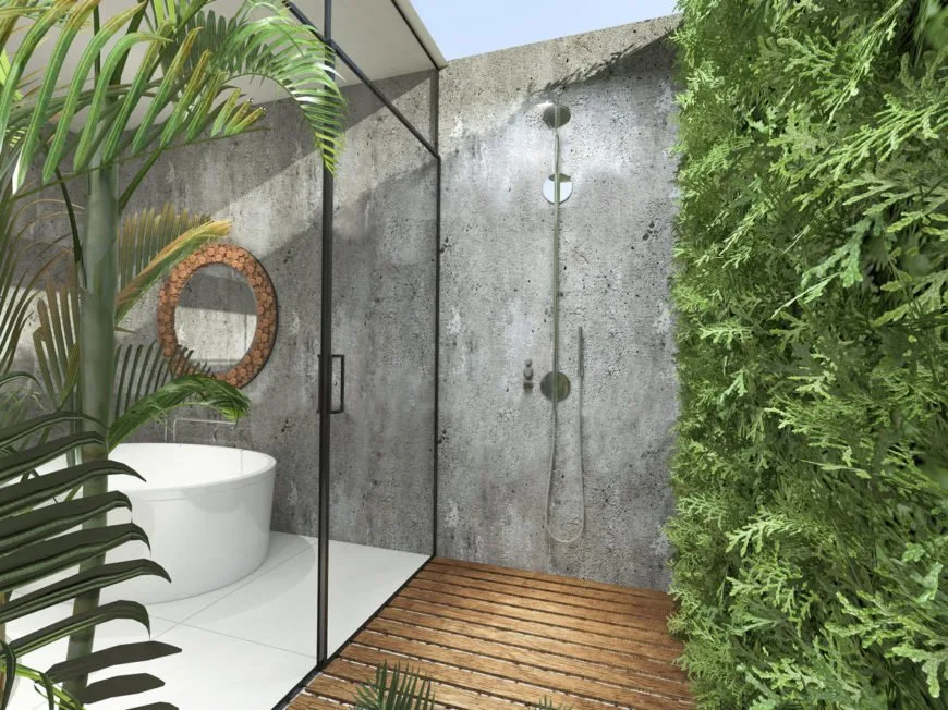Baño biolifico con pared de cristal, ducha exterior y seto para la intimidad