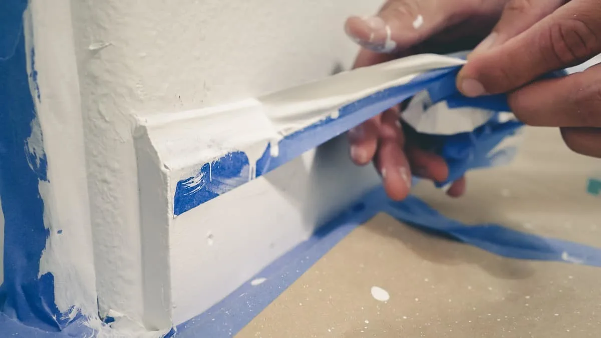 Pintor retirando cinta adhesiva de la moldura.