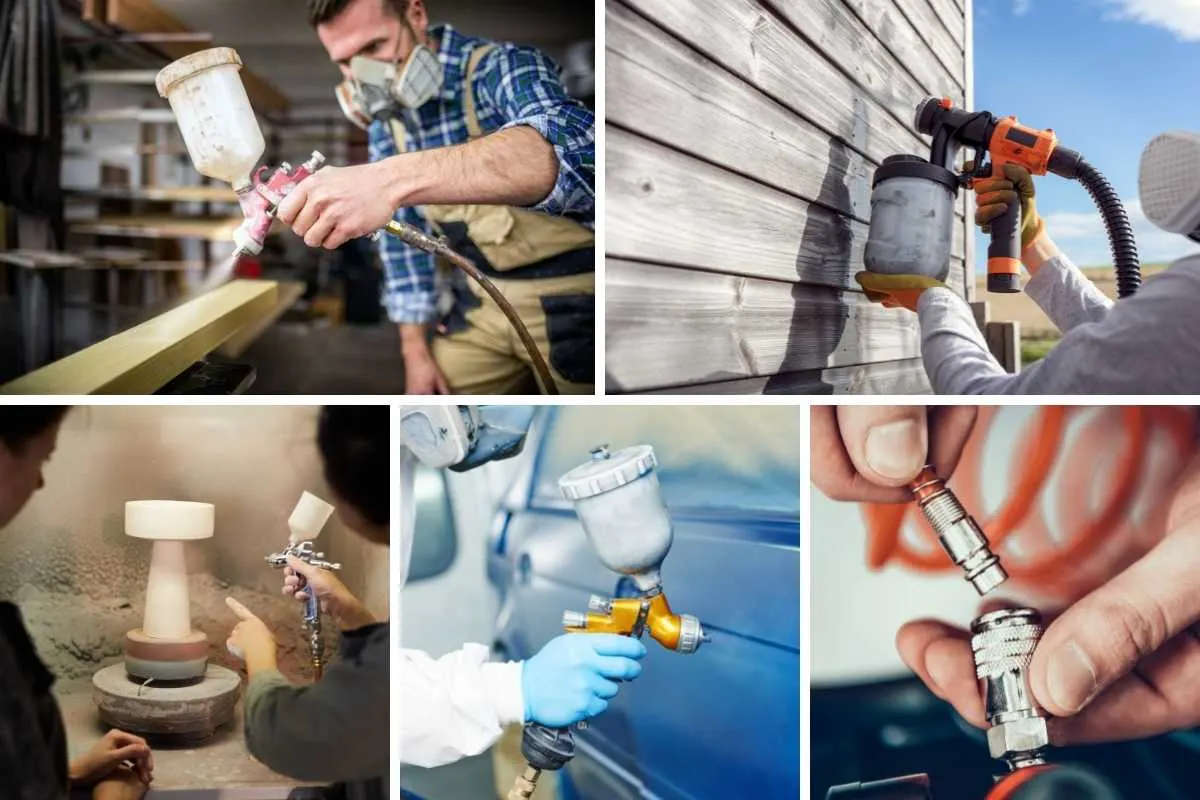 Collage fotográfico de diferentes tipos de pulverizadores de pintura.