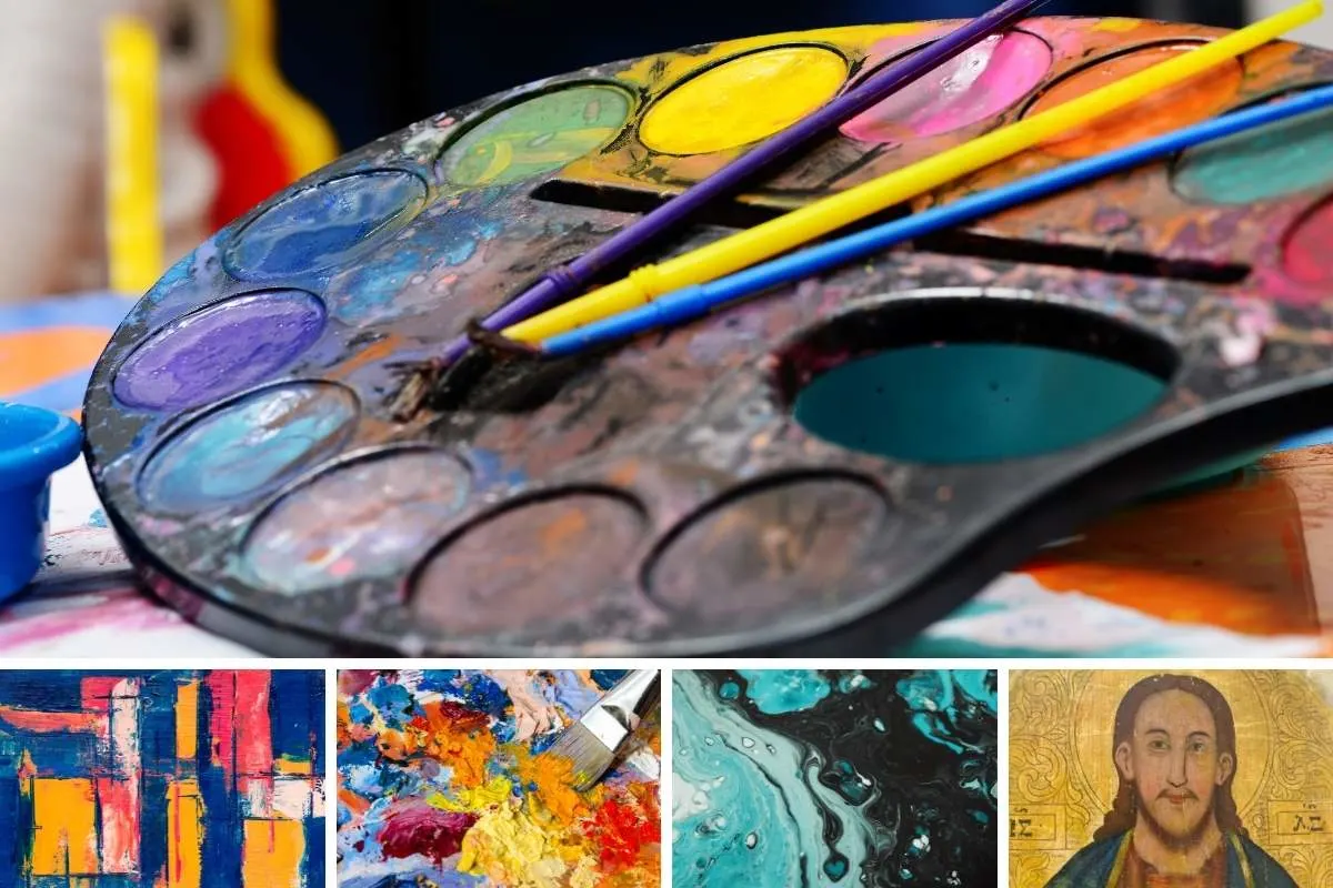 Collage de fotos de diferentes tipos de pintura para el arte.